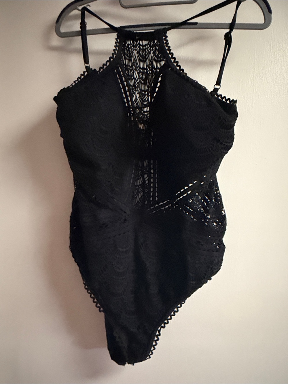 BECCA Black Crochet Halter One-Piece Swimsuit size xl
